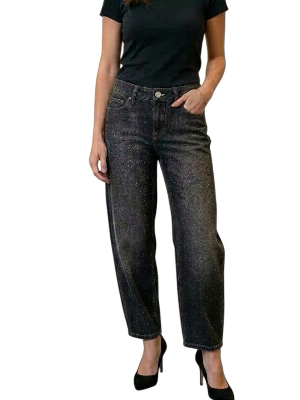 White House Black Market Glamorous Black Straight Leg Jeans Glitter Stud Accents